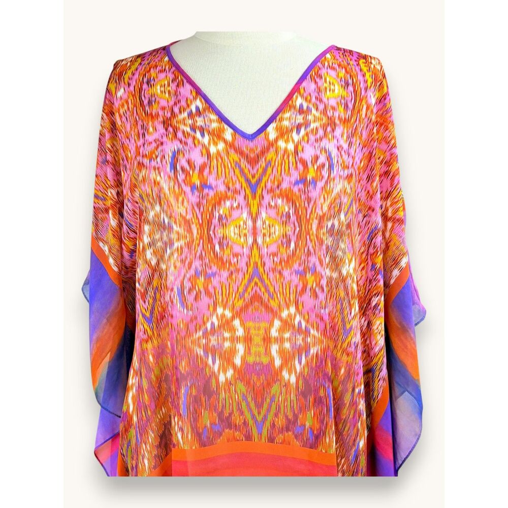 Susan Graver Sheer Blouse Cold Shoulder Colorful Print Flowy Resort Wear Size S - Picture 2 of 6